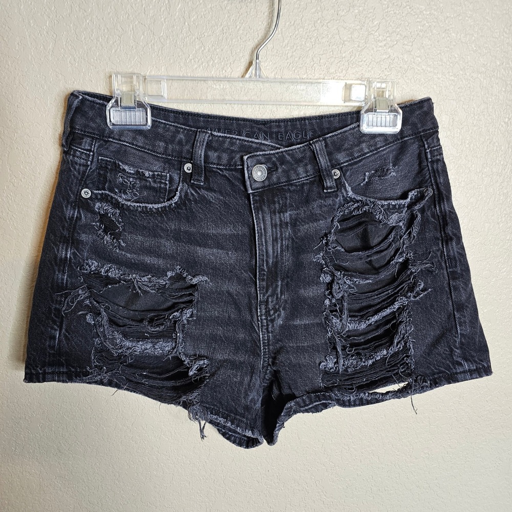American Eagle Crossover Waist Distressed Black Denim Shorts Size 8